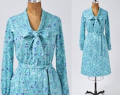 1970's Blue Floral Secretary Dress - Vintage Robin's Egg Blue Floral Dress