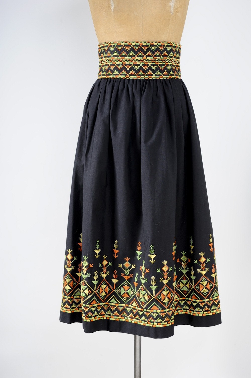 Black Gathered Ethnic Embroidered Skirt French Label