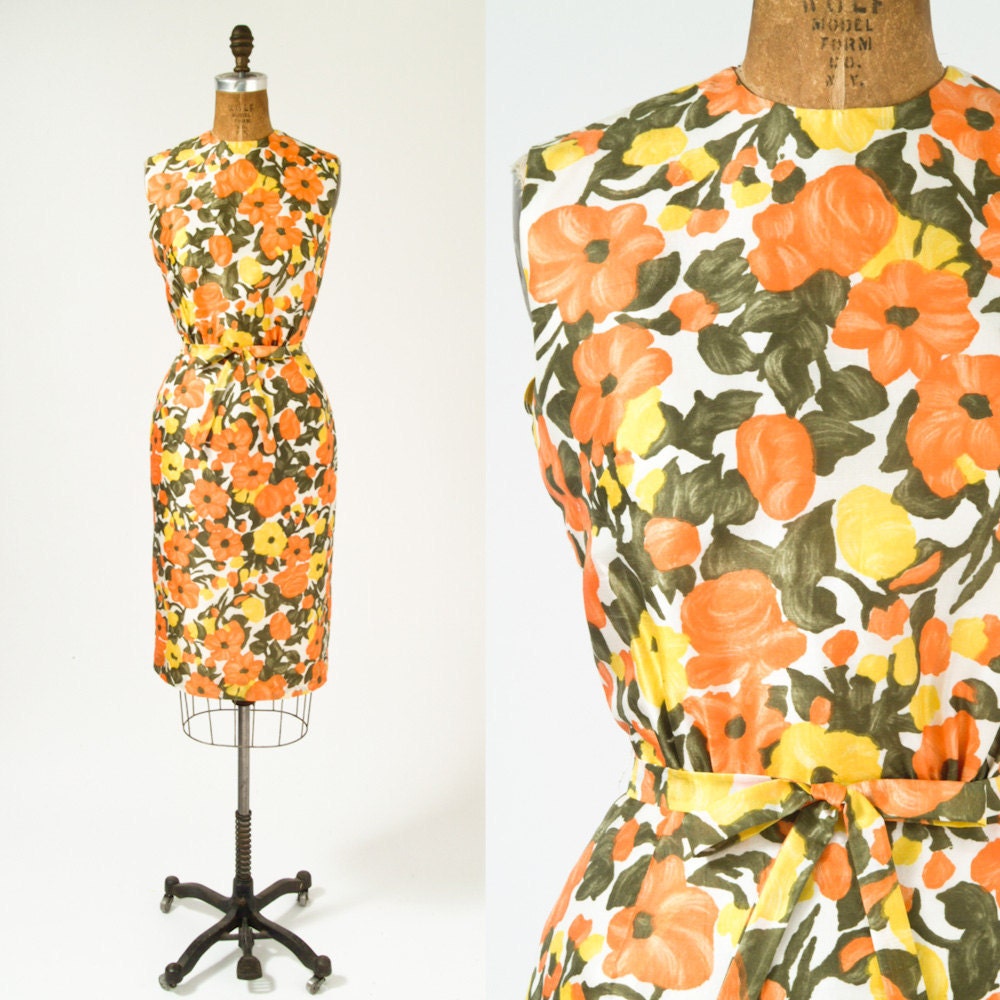 1960s Dress Poppy Print Silk Wiggle