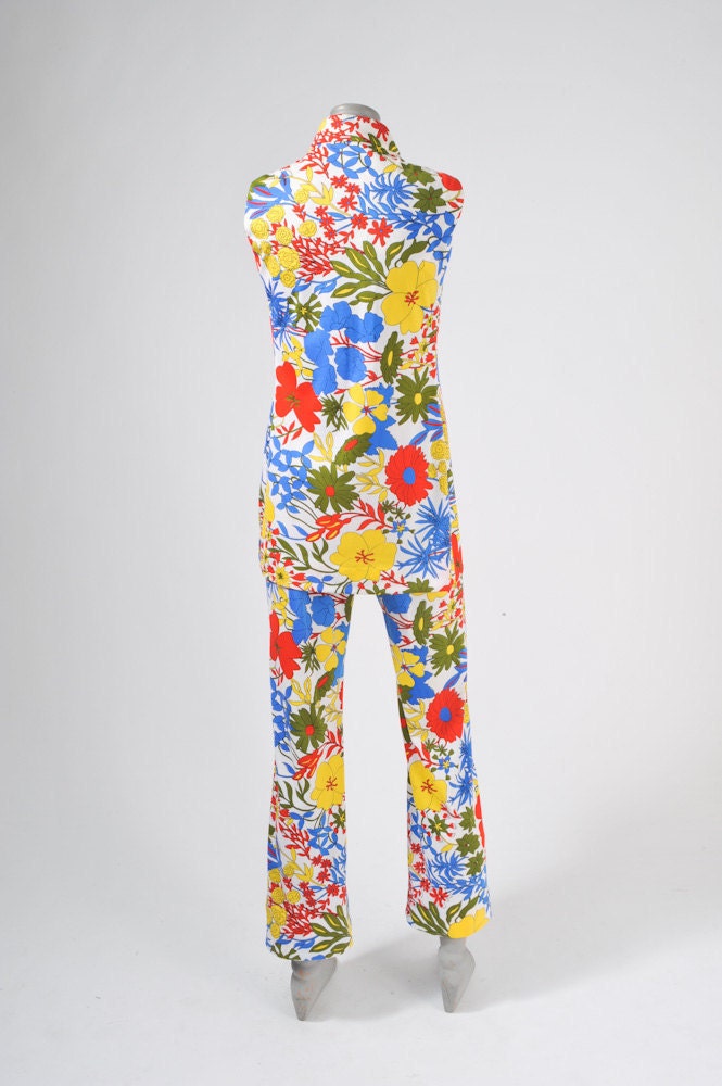 1960's Mod Flower Power Pants Suit - Pants & Tunic Set - Bright Blue Red Yellow Floral Print