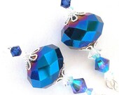 Fiery blue earrings, faceted crystal metallic
