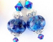 Blue and purple earrings, artisan lampwork glass and crystal
