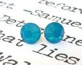 Caribbean Blue Opal stud earrings, Swarovski crystal on posts, 7mm