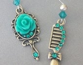 Miniature mirror and comb earrings, hair styling, antiqued silver, teal, blue zircon, cosmetology earrings