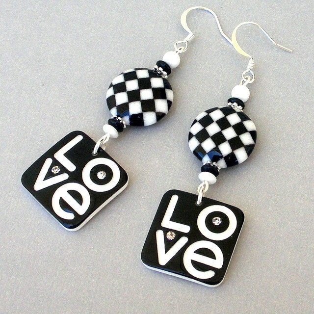 Love earrings, black and white op art, mod 1960s