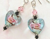 Blue heart earrings, small pale blue glass earrings, Swarovski crystal