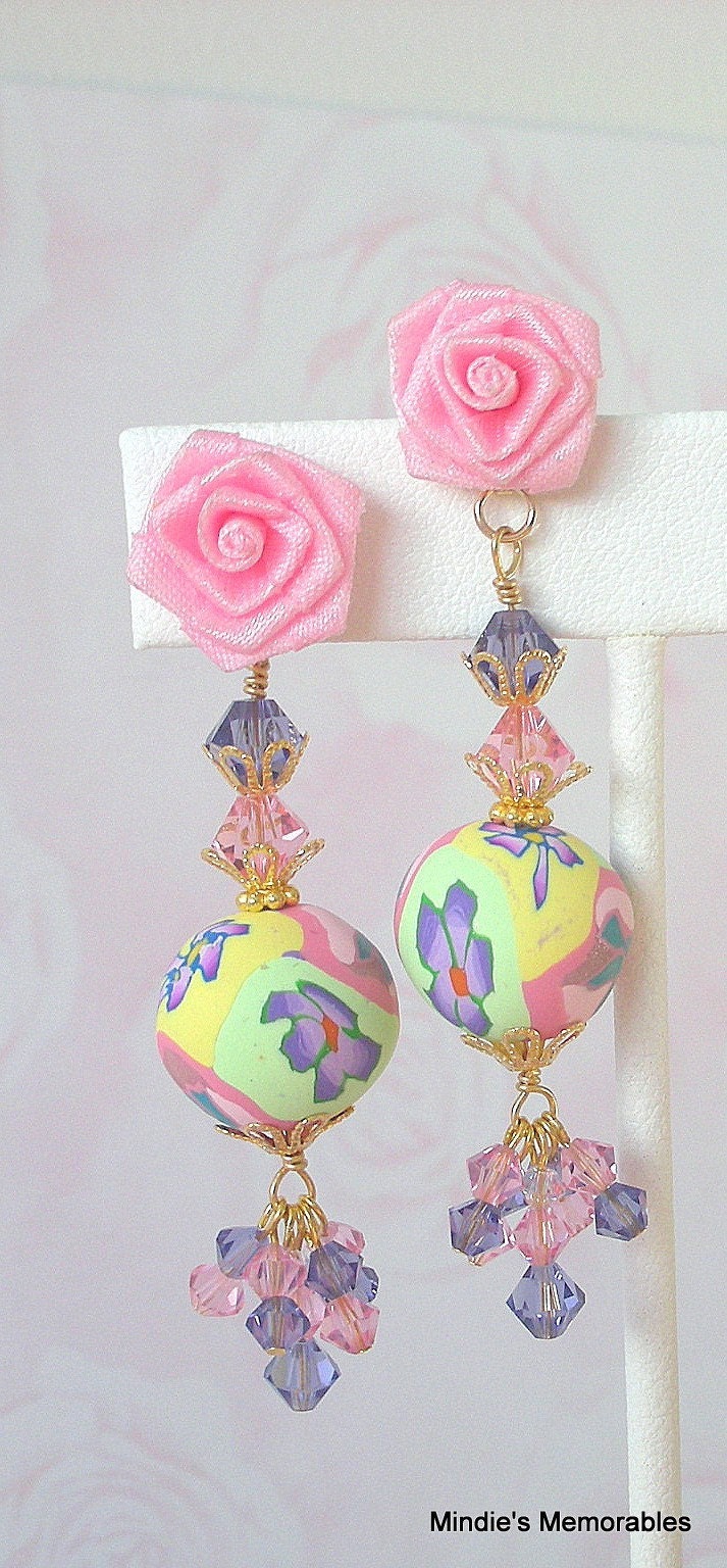 Pink pastel earrings, ribbon, polymer clay, Swarovski crystal, Easter earrings