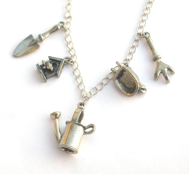 Gardening charm necklace, antiqued silver pewter, watering can, wheelbarrow, birdhouse, trowel, cultivator