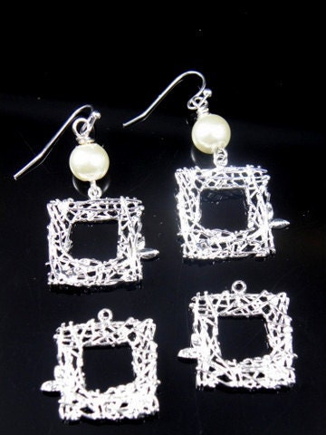 Square Silver Plated Rhinestone Branch Filigree Earring Pendants 23x22mm, Lead and Nickel Free - 2 pcs