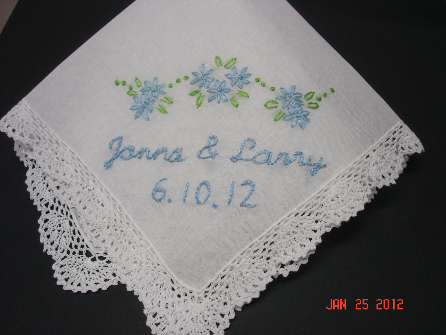 Something blue wedding handkerchief, hand embroidered, bouquet wrap. names and dates, wedding colors welcome, daisies,