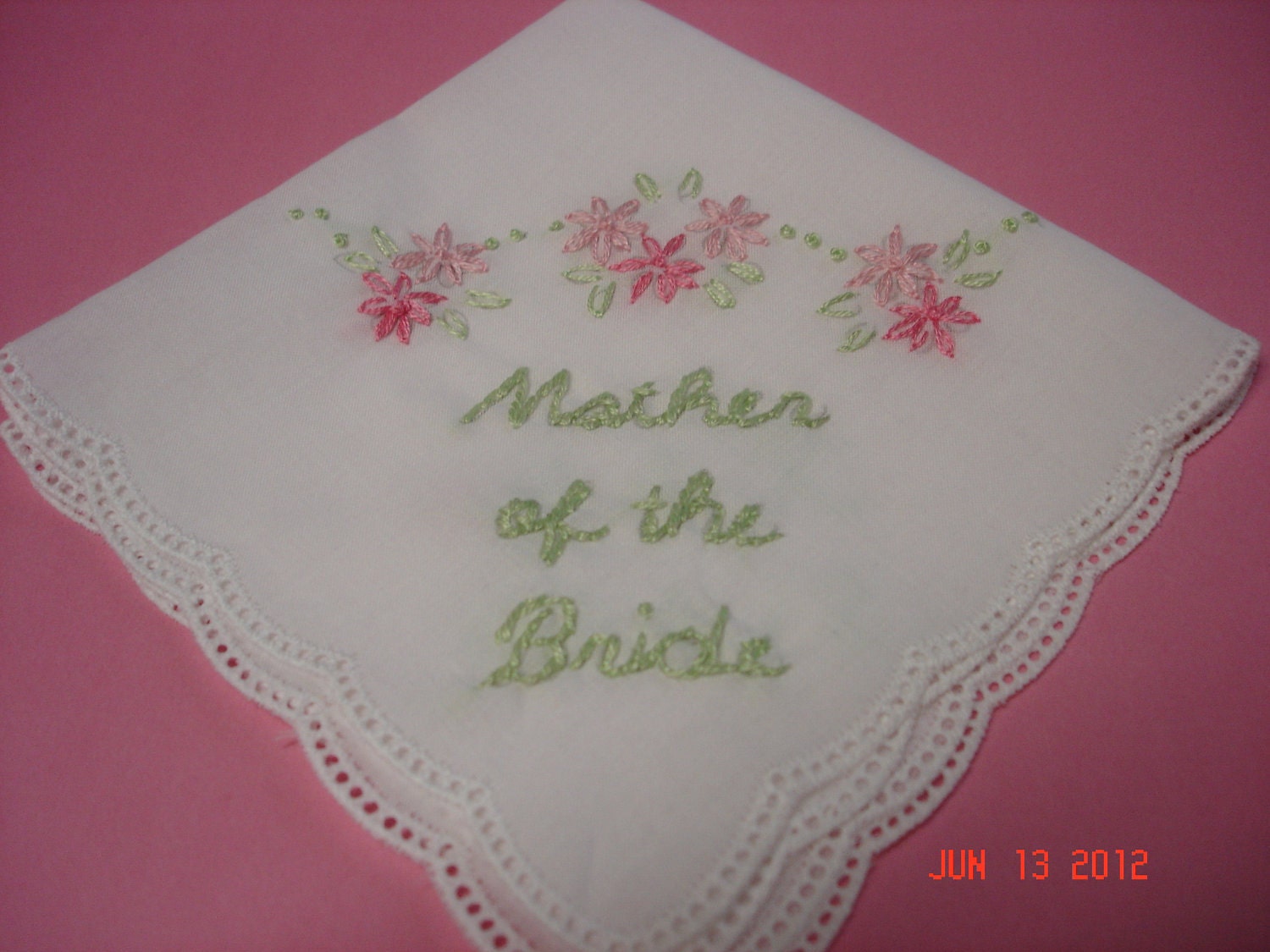 wedding handkerchief, mother of bride, mother of groom,set of two, hand embroidered, daisies, pink, green,