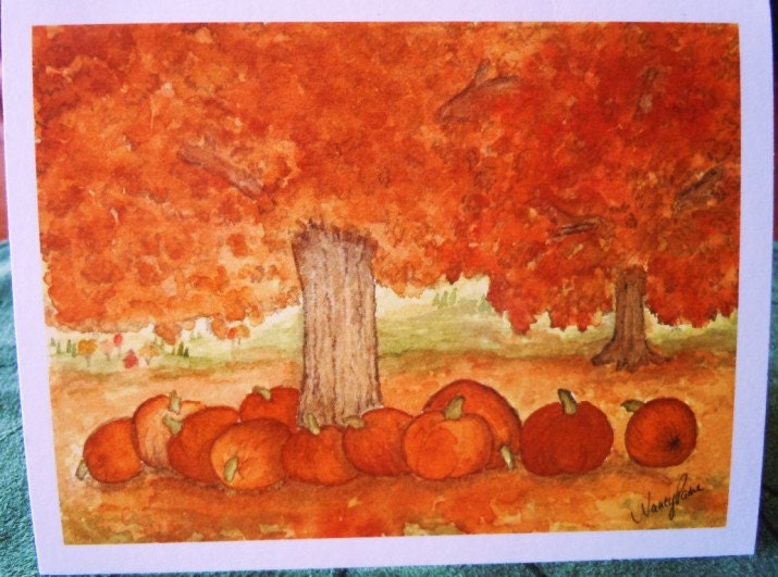 Autumn Colors Note Cards Trees Orange Gold Pumpkins and Leaves: Set of 8 Cards
