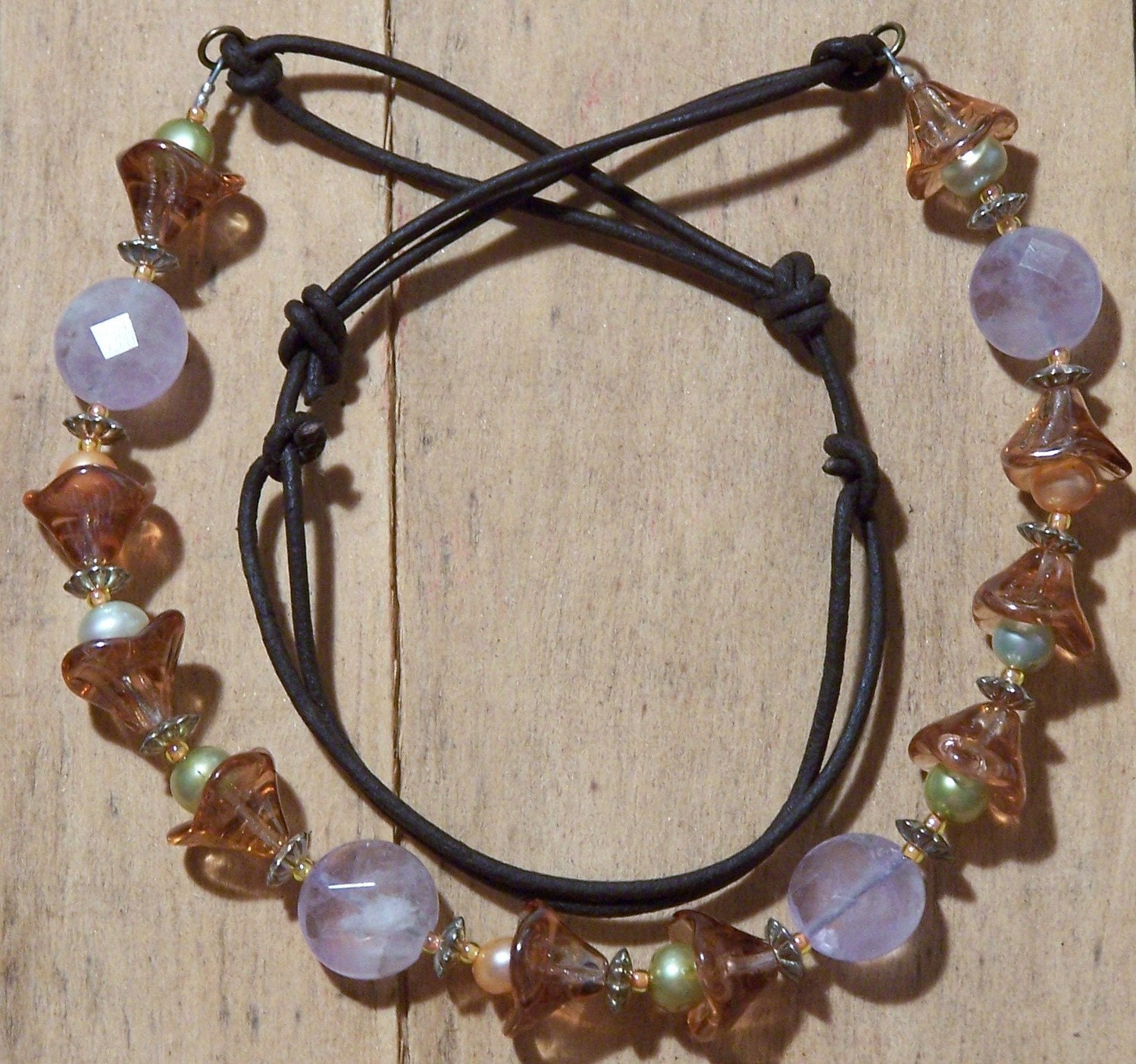 Slipknot Leather Necklace - Czech Glass Bell Flowers, Freshwater Pearls & Faceted Amethyst