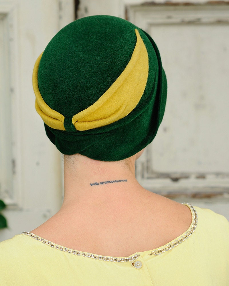 Green Cloche - vintage yellow detail- made to order