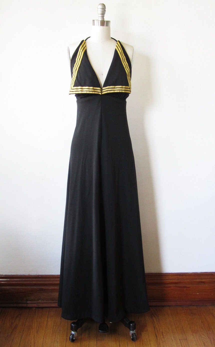 RESERVED until 8/24 vintage 70s sailor dress / black gold halter dress