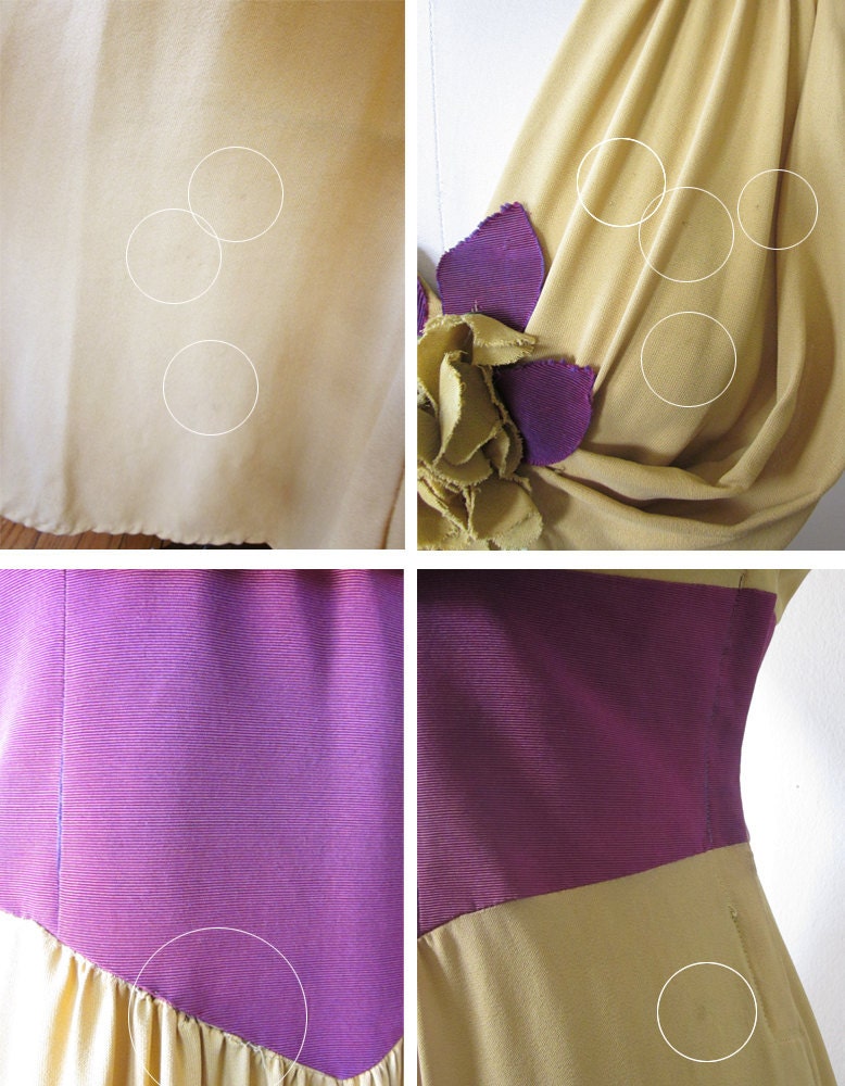 1930s dress / 30s gown / mustard yellow and purple dress