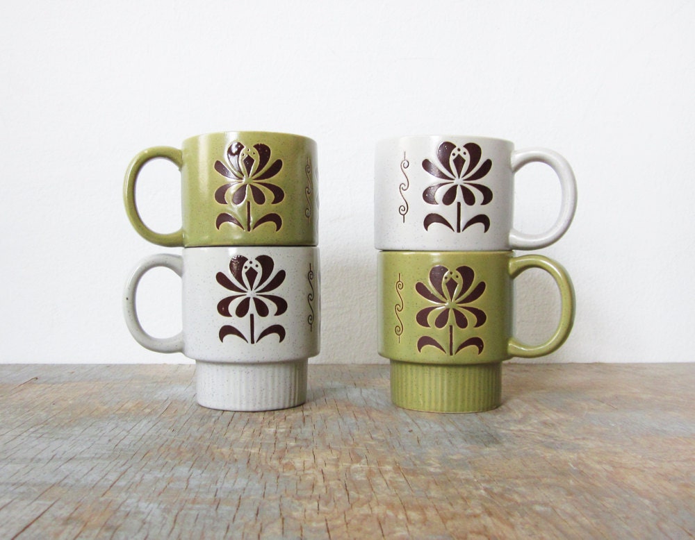 SALE floral stacking mugs / vintage stoneware mugs