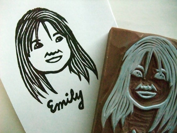 CUSTOM MADE portrait rubber stamp - hand carved stamp -  with your name and face - for one person - mounted -  ship via registered airmail