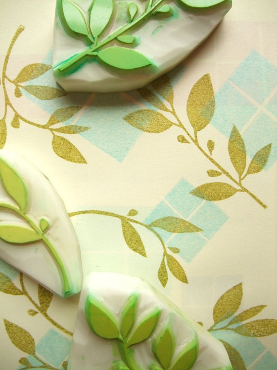 spring leaf rubber stamps -hand carved rubber stamps - hand carved stamps - set of 3