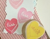 love heart hand carved rubber stamp - handmade rubber stamp - kiss - mounted