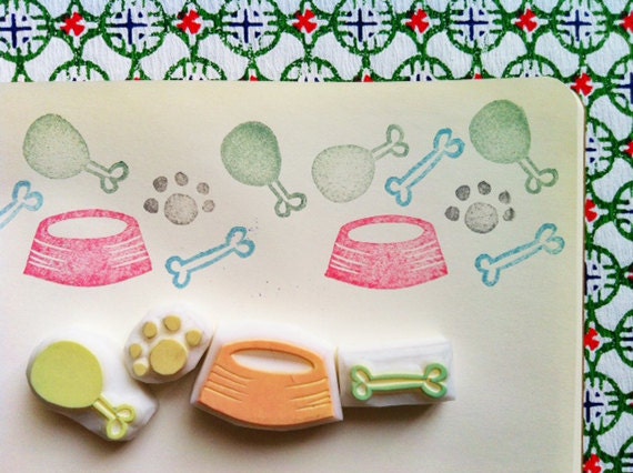 dog paw hand carved rubber stamp. hand carved stamp. meat stick/bone/bowl/paw. set of 4