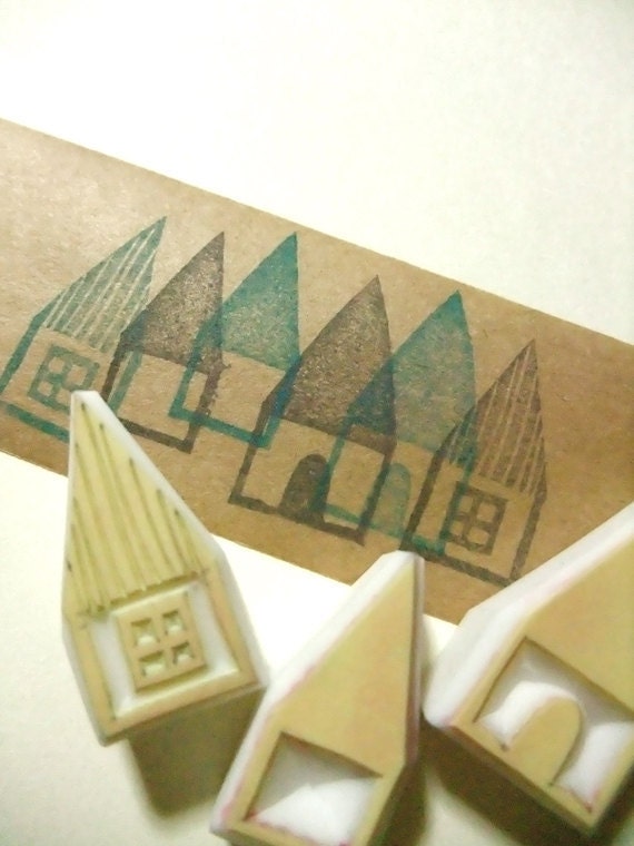 HOUSES hand carved rubber stamp - hand carved stamp - handmade - set of 3