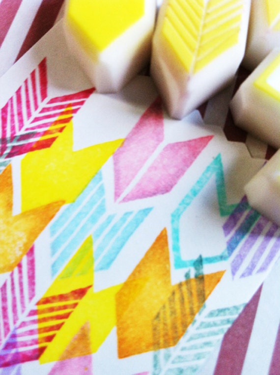 geometric hand carved rubber stamp. chevron handmade rubber stamp. set of 5.