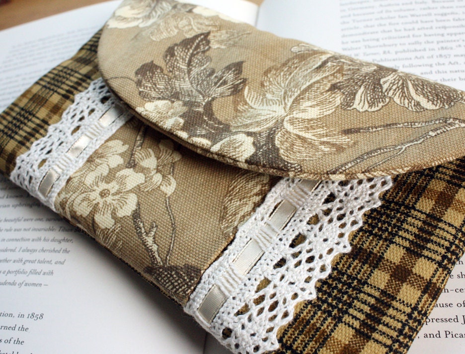 Small Brown Clutch Plaid Handbag Brown Plaid Purse with Flowers and Lace - CLEARANCE SALE