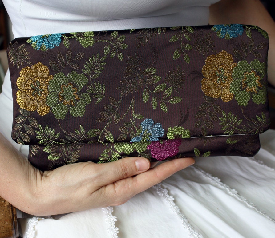 CLEARANCE  SALE - 30% Off - Brown Clutch Handbag in Marigold, Cornflower Blue, and Magenta Floral