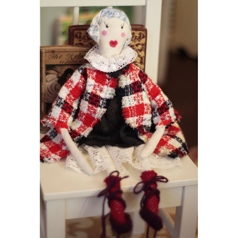 Ragdoll Cloth Soft Plush Doll Handmade OOAK Vintage Lace, Silk & Linen Dress, Red Tweed Jacket