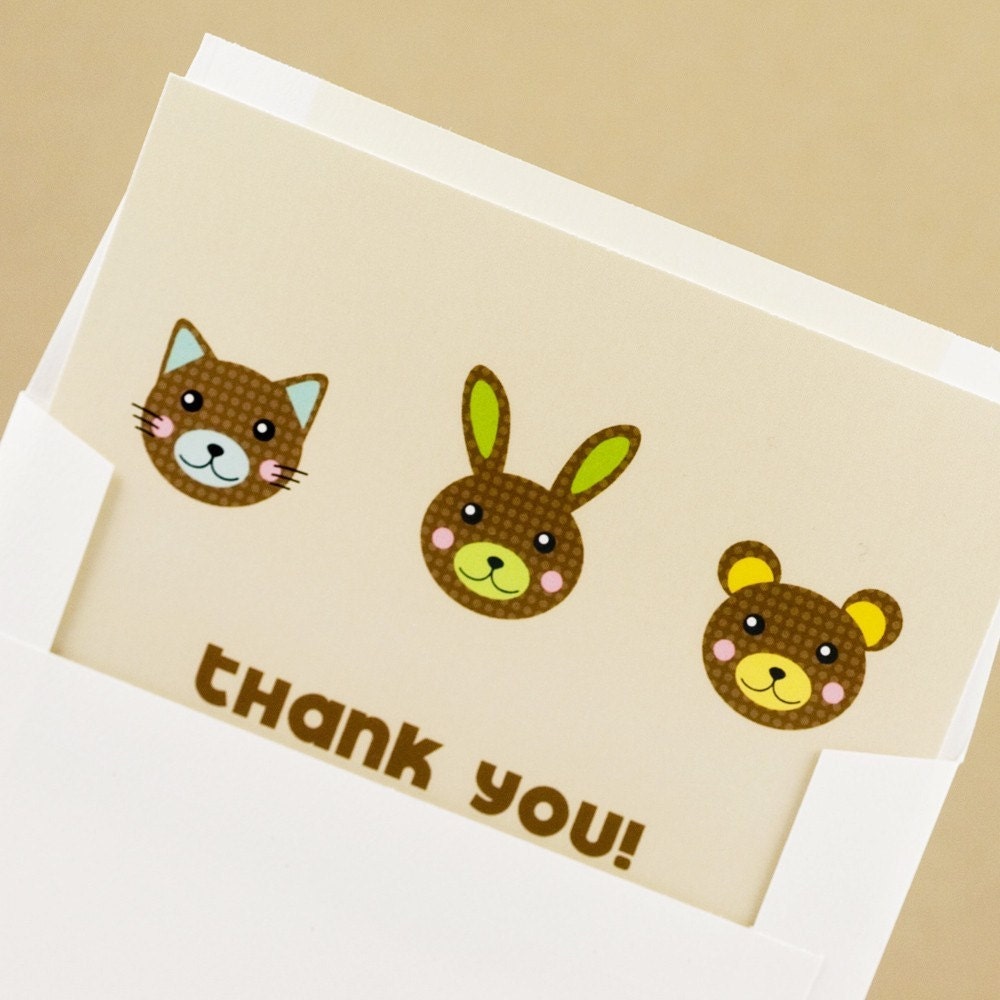 SALE - Kawaii Thank You Flat Notecards in Khaki - Kid Friendly