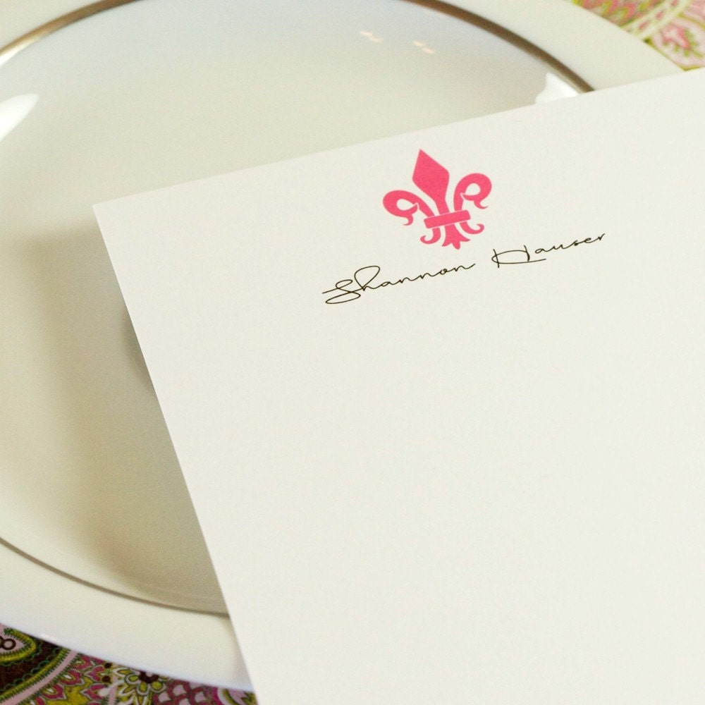 12 Custom Personalized Girlie Fleur de Lis Stationery - Recycled Stock