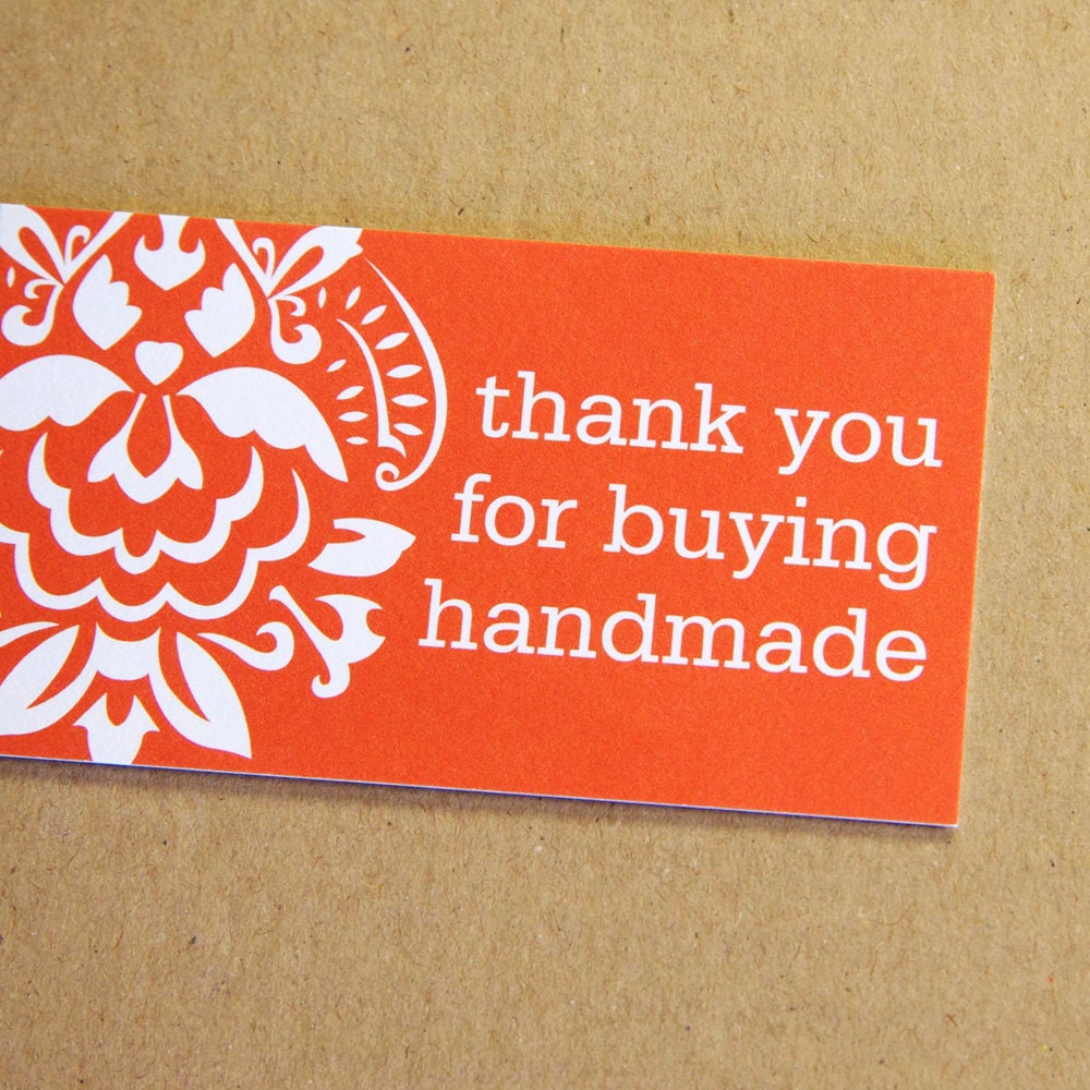 Recycled Tangerine Damask Thank You for Buying Handmade Mini Enclosure Cards - Nina