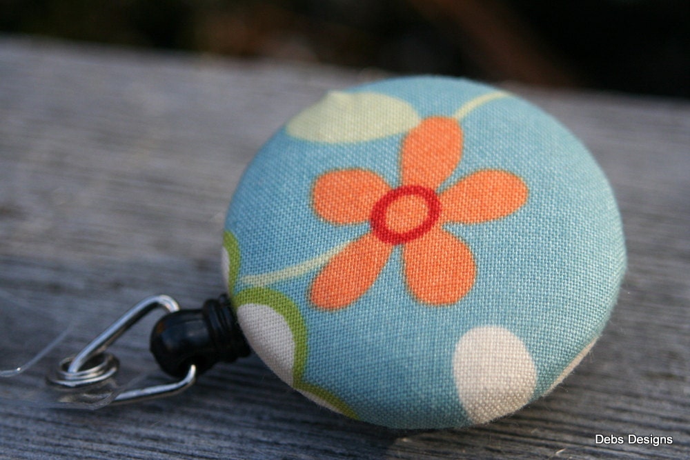 Name badge fabric covered badge reels modern orange flower    LARGE