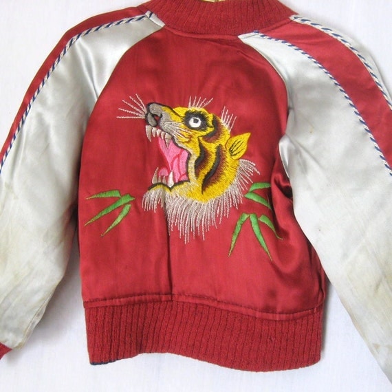 40s 50s  Vintage Souvenir Tour Jacket Reversible Tiger Eagle Embroidery Quilted Satin Baseball Style Japan Korea Child Sz