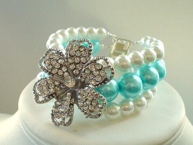 Three Strand Large Rhinestone Flower Pendant withTiffany Blue and White Pearls Beaded Bracelet   Great for the Bride