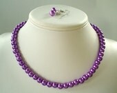 Single Strand Purple Pearl Beaded Necklace and Earring Set    Great Brides or Bridesmaid Gifts