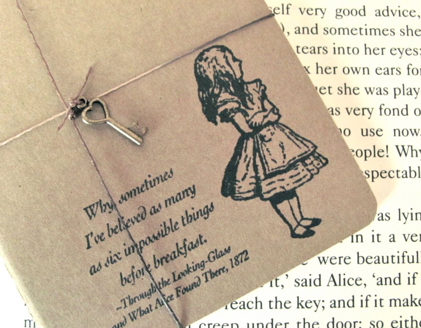Alice In Wonderland Hand Stamped Small Moleskine Notebook with Key Charm (Impossible Things) - BLANK (PLAIN) PAGES