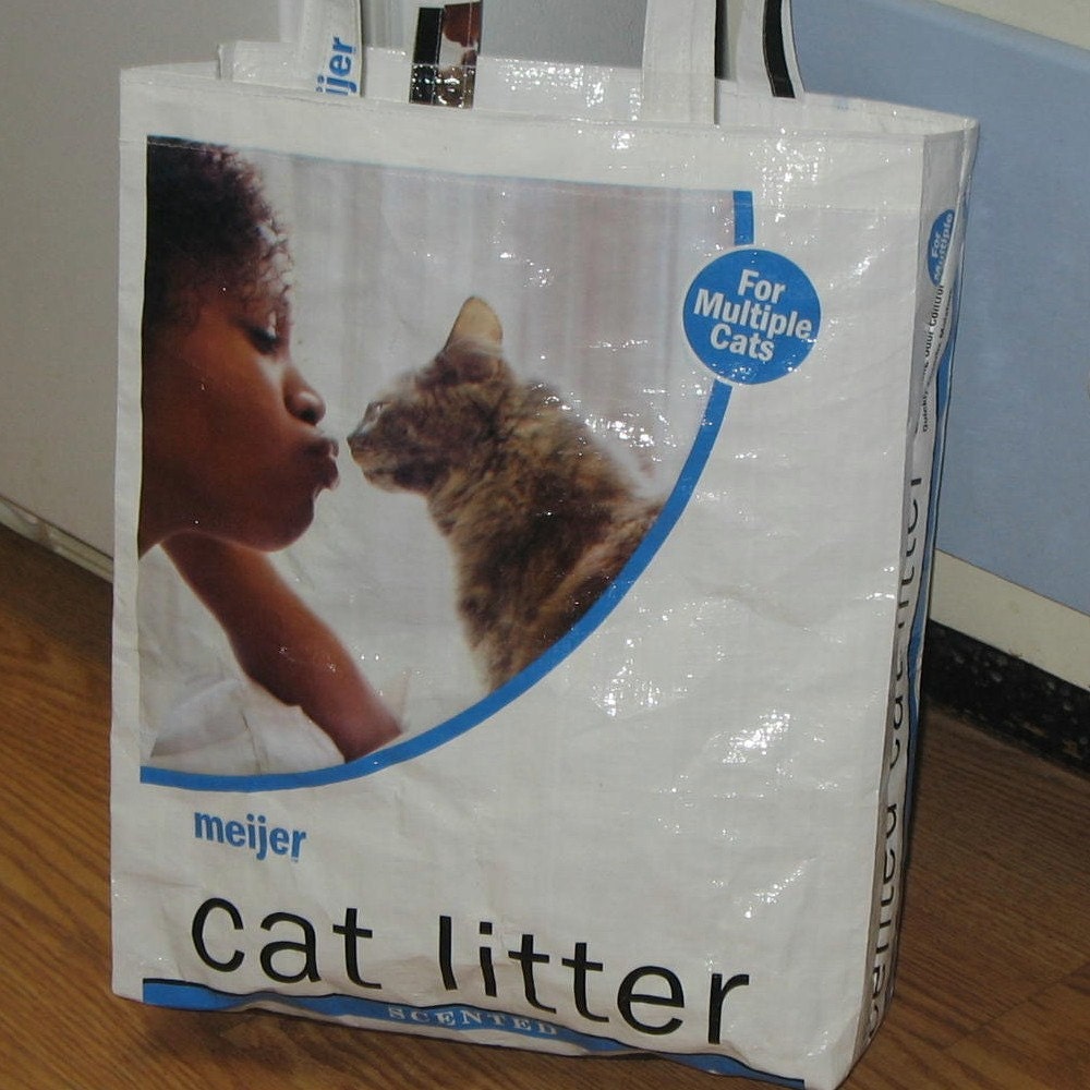 Upcycled Reusable market grocery tote bag for cat lovers