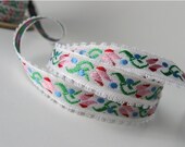 Pink Flower ribbon tulip roses embroidered - 3 yards
