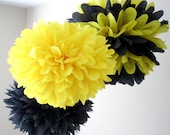 Bumble and Buzz ... 3 tissue paper poms // bumble bee birthday // nursery decoration // party decorations
