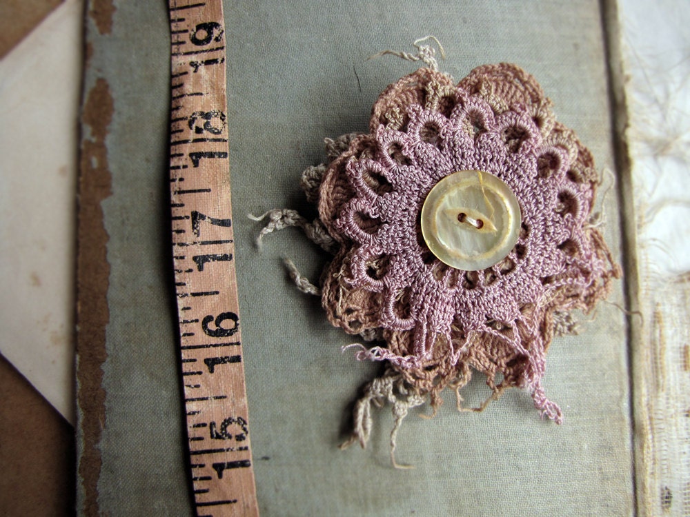 Prairie - lace flower brooch - vintage doily scraps - hand dyed textiles - antique button