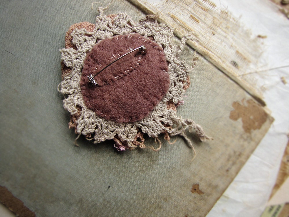 Prairie - lace flower brooch - vintage doily scraps - hand dyed textiles - antique button