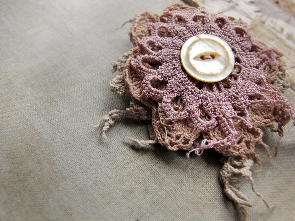 Prairie - lace flower brooch - vintage doily scraps - hand dyed textiles - antique button
