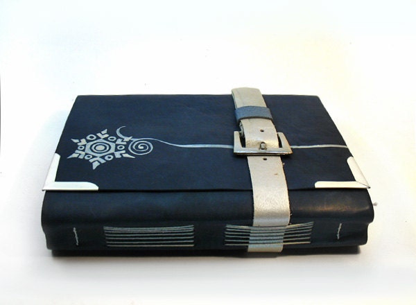 Journal - Blue Leather Handmade Journal - Night Bloom