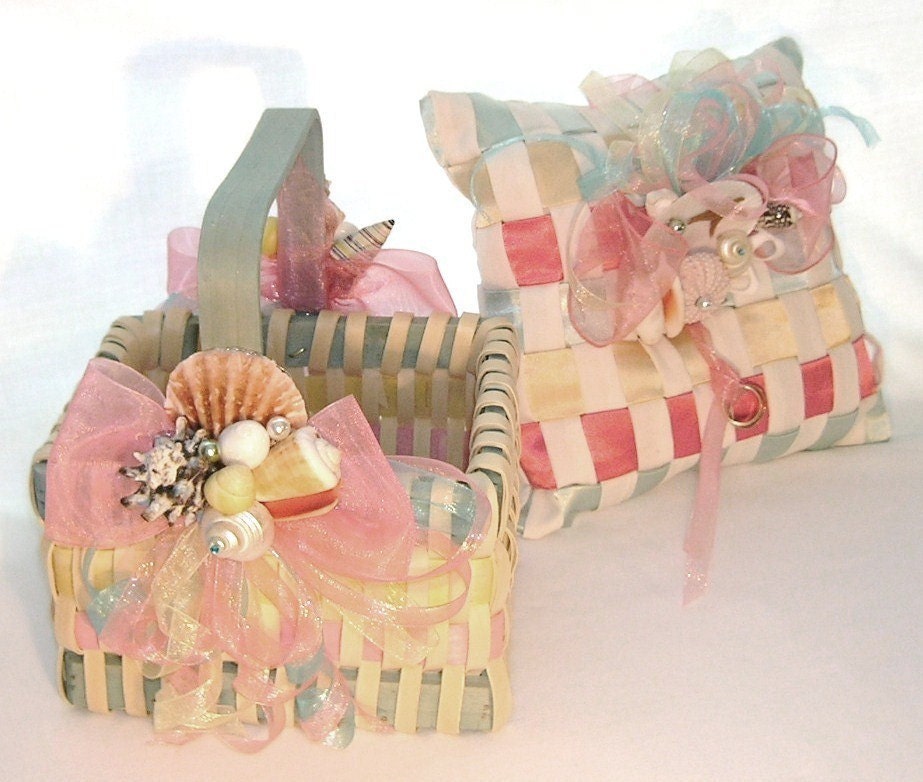 Flower Girl Basket & Ring Bearer Pillow Set, Seashells and Multi Color Woven Wicker and Satin,SPRING SALE...20% OFF