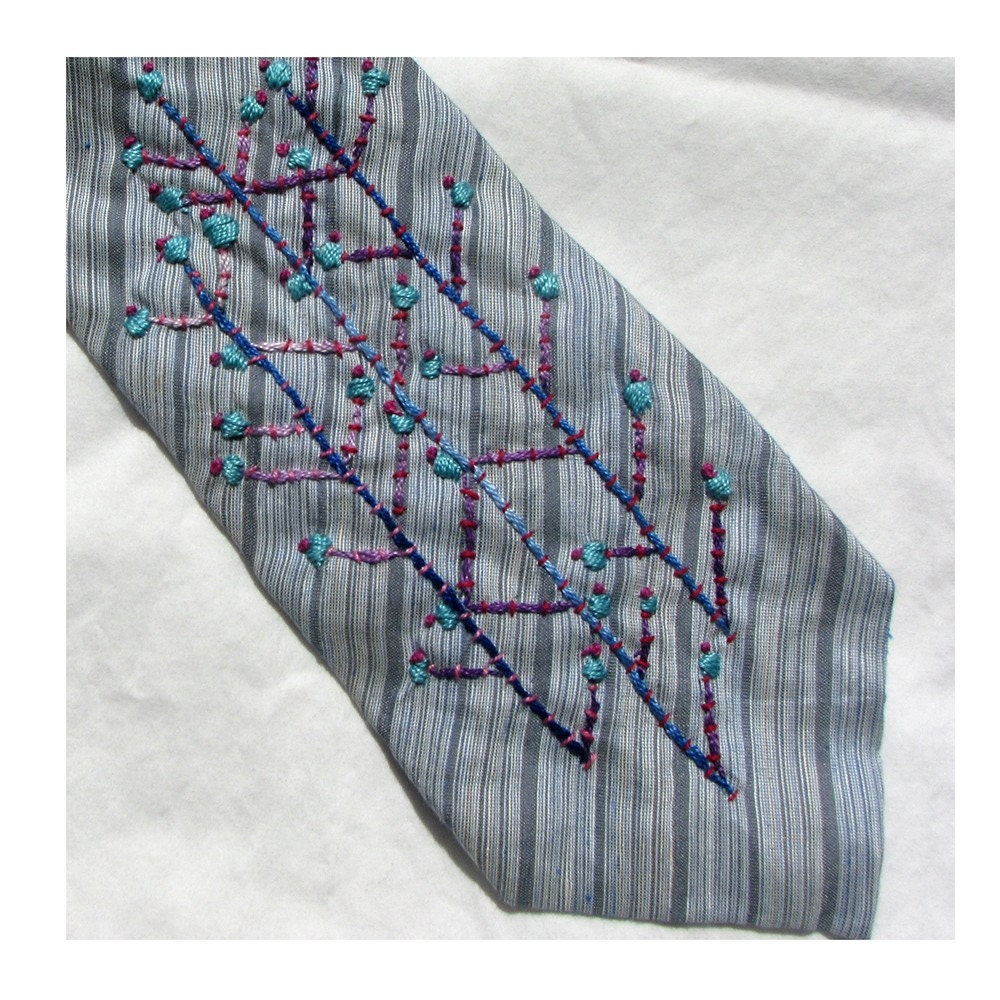 Blue Tree Hand Embroidered Tie