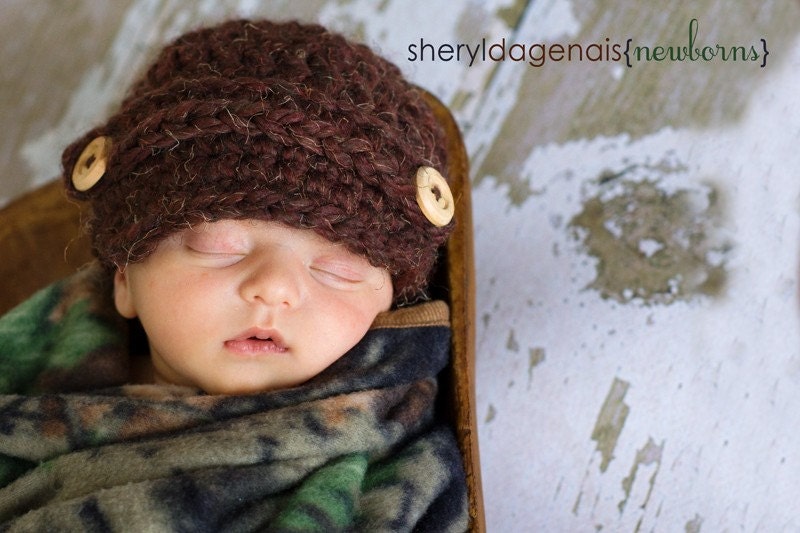 Newborn Button Strap Chunky Newsboy Visor Brim Beanie - Brown Wooly -Photography Prop