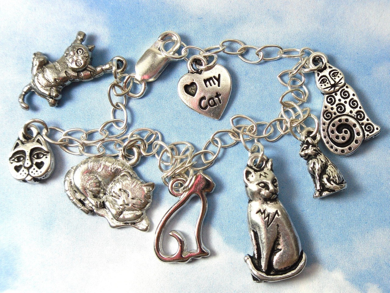 Love my cat charm bracelet - silver plated kitty themed charms on sterling silver chain -Free Shipping USA