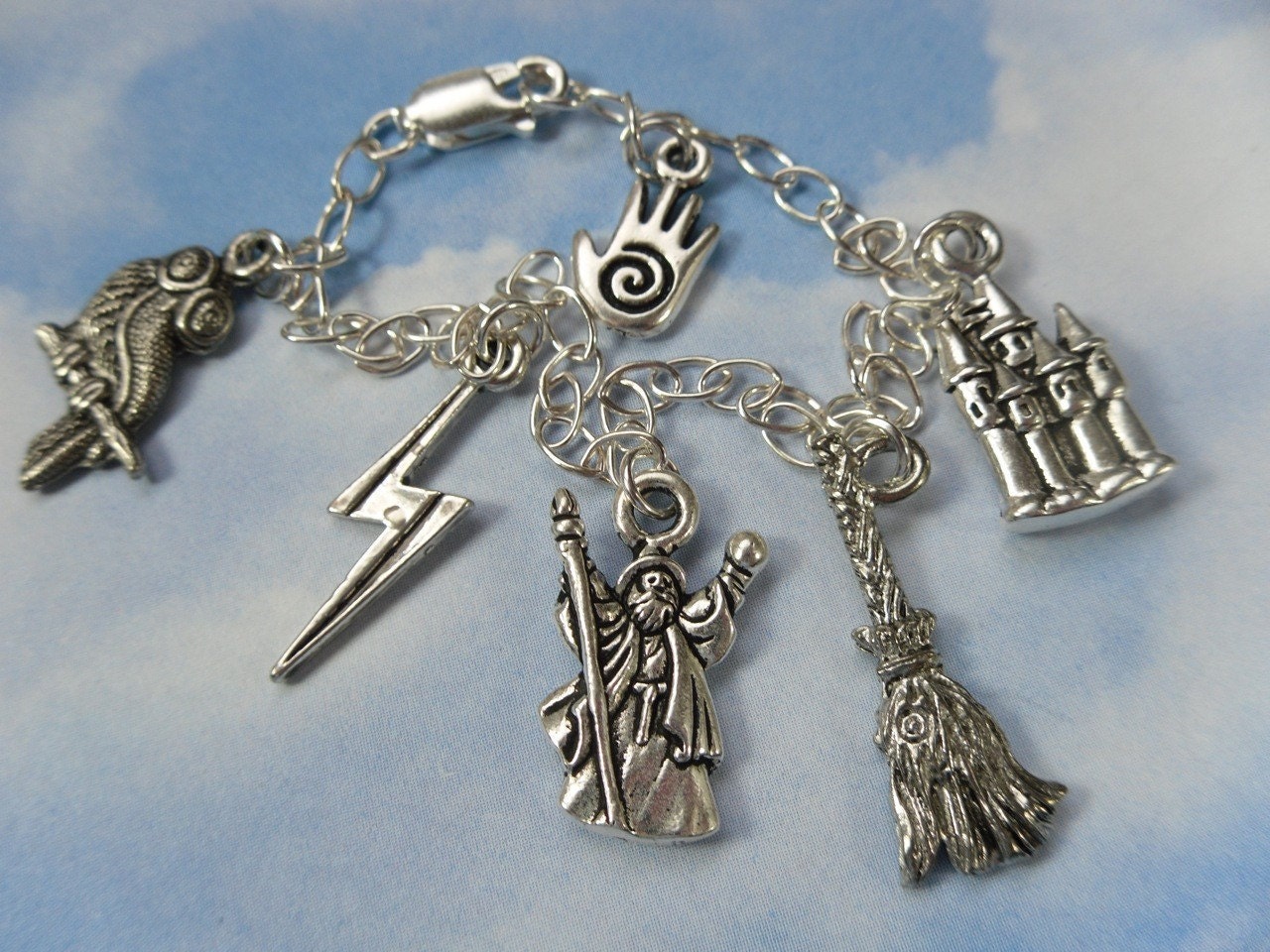 Harry Potter Charm Bracelet - wizard and Hogwarts themed charms on sterling silver -Free Shipping USA